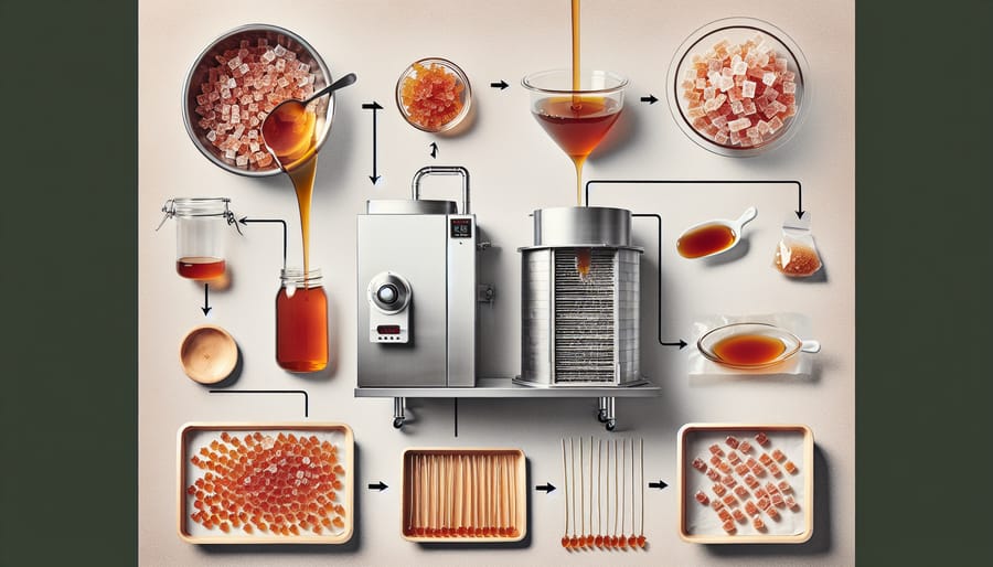 A step-by-step collage illustrating the process of making freeze dried maple syrup candy, from pouring syrup drops to the final crispy pieces.