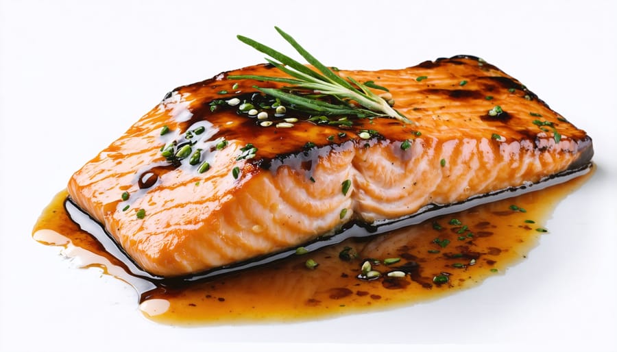 Plate of salmon glazed with maple syrup and THCA, garnished and ready to serve